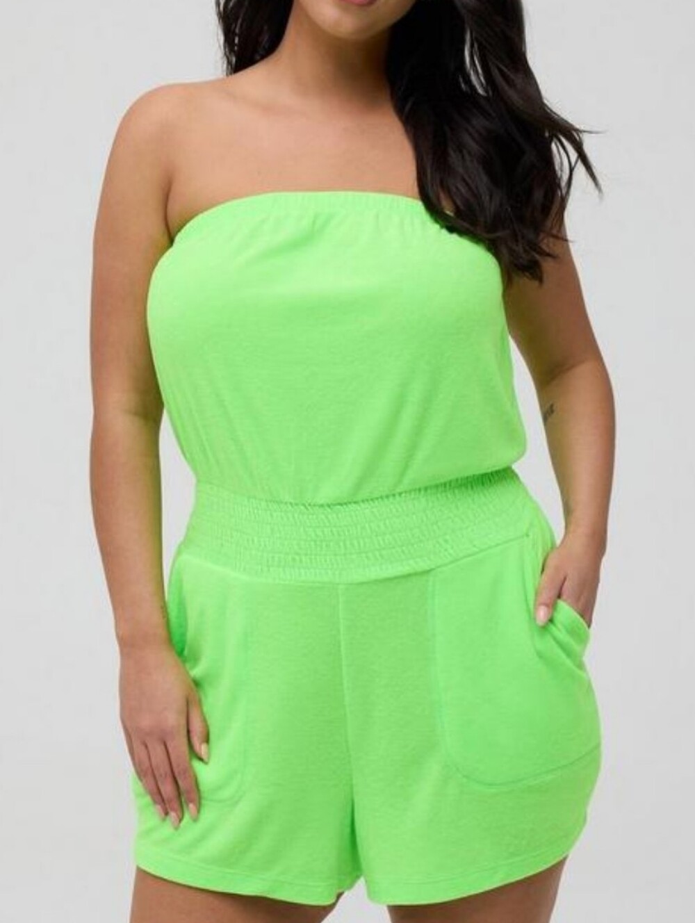 🆕️💚 4X TORRID STRAPLESS NEON GREEN TERRY CLOTH ROMPER/ SWIM COVER UP 💚